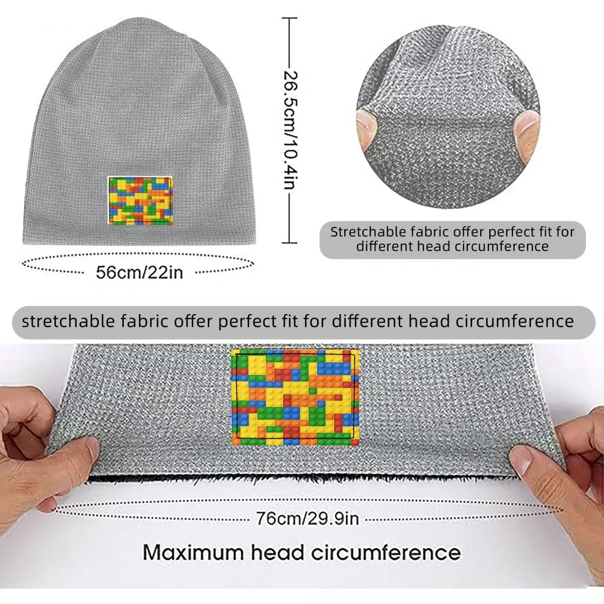 Building Blocks Construction Brick Waffle Knit Fleece Lined Beanie with PU Leather Patch Unisex Warm Winter Soft Cap