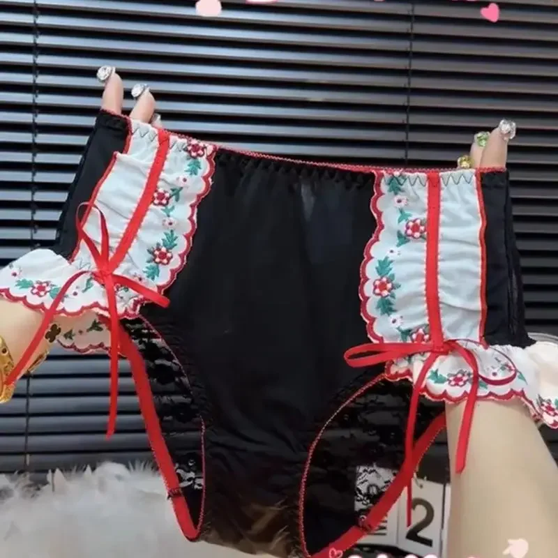 

Big Size Shorts Lolita Splicing Floral Pants Bow Transparent Sexy Lace Panties Women High Rise Cotton Crotch Seamless Briefs