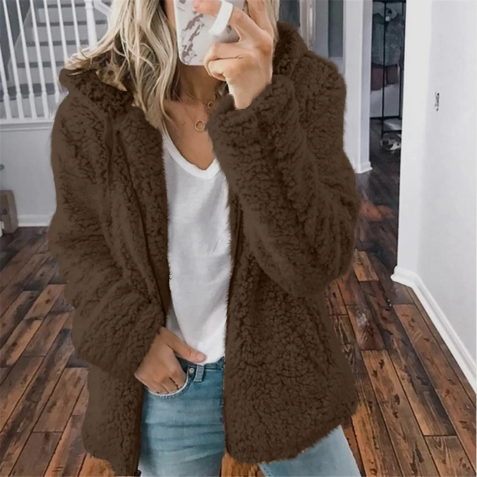 Winter Thick Warm Hooded Outwear Women Elegant Bear Teddy Faux Fur Coat Soft Fleece Jacket Female Pocket Zipper Coat Veste Femme