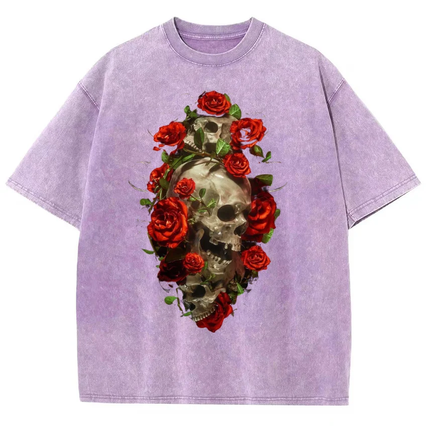 Rose Decoration Round Neck  Short Sleeves Retro Sportswear  Washed Plus Size T-shirt  Y2K Streetwear Clothing  2024 Summer