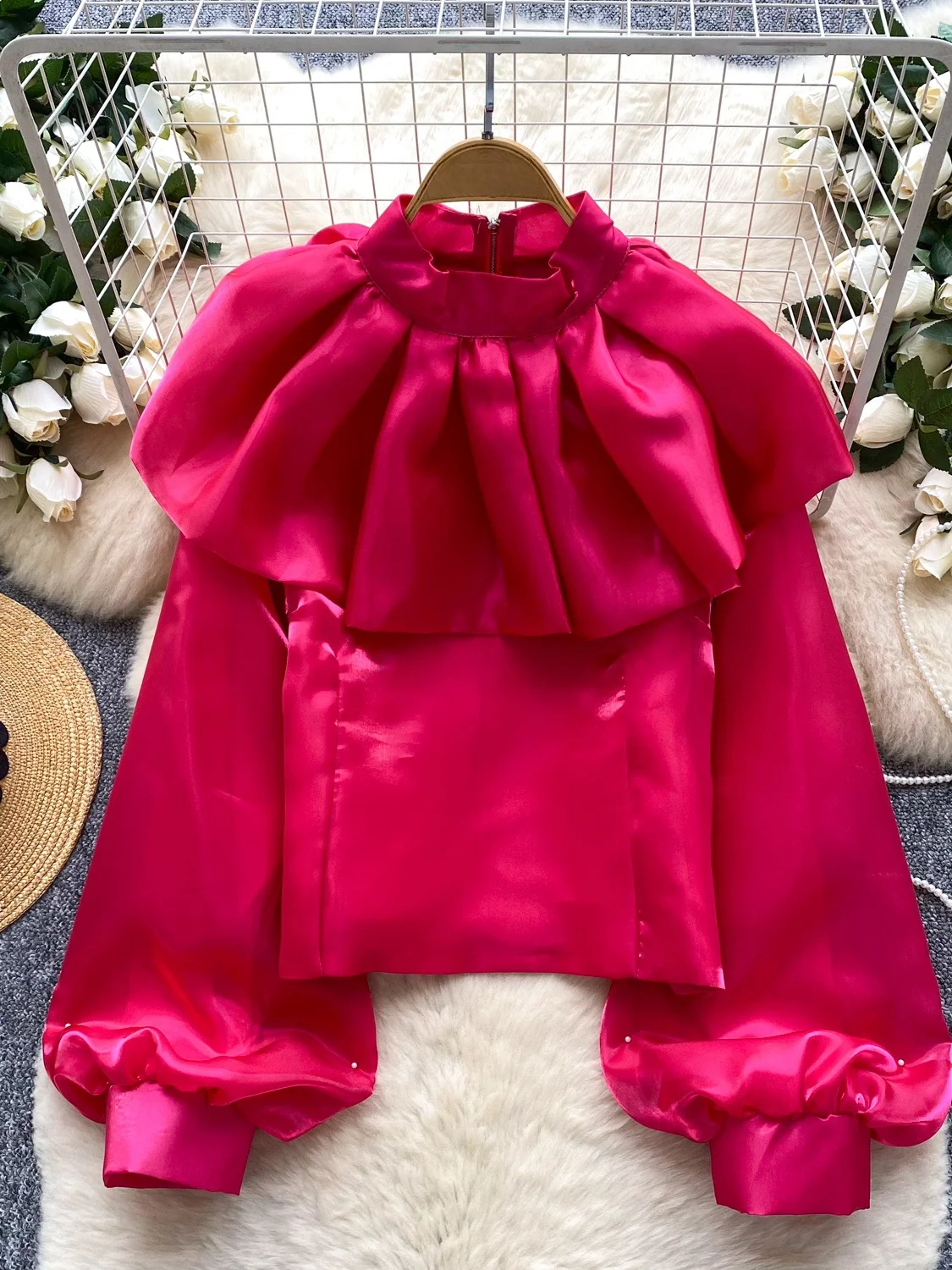 

Женская атласная блузка с рукавами-фонариками, осенний модный дизайн, элегантный корейский стиль, свободный крой, премиум-класс