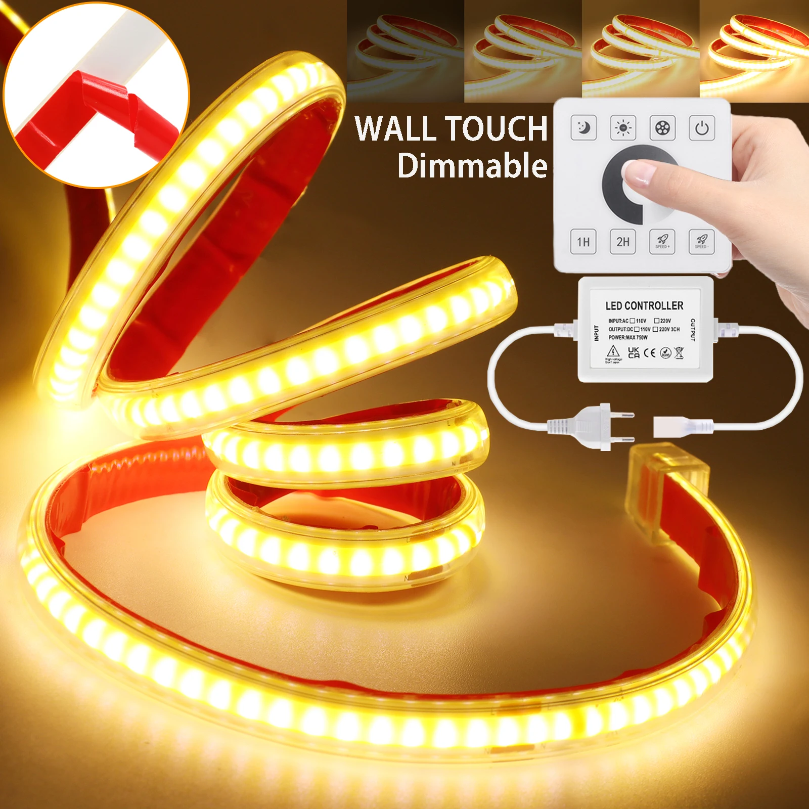 

Wall Touch Dimmable 220V COB LED Neon Light Strip EU Plug 1m-35m 240LEDs/m Waterproof Adhesive Lamp Tape for Home Lighting