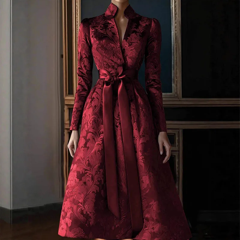 Vestido largo Retro de satén con estampado Floral y lazo con cordones, vestido de fiesta elegante de cintura alta con cuello en V para primavera y otoño, vestidos largos de manga larga para mujer