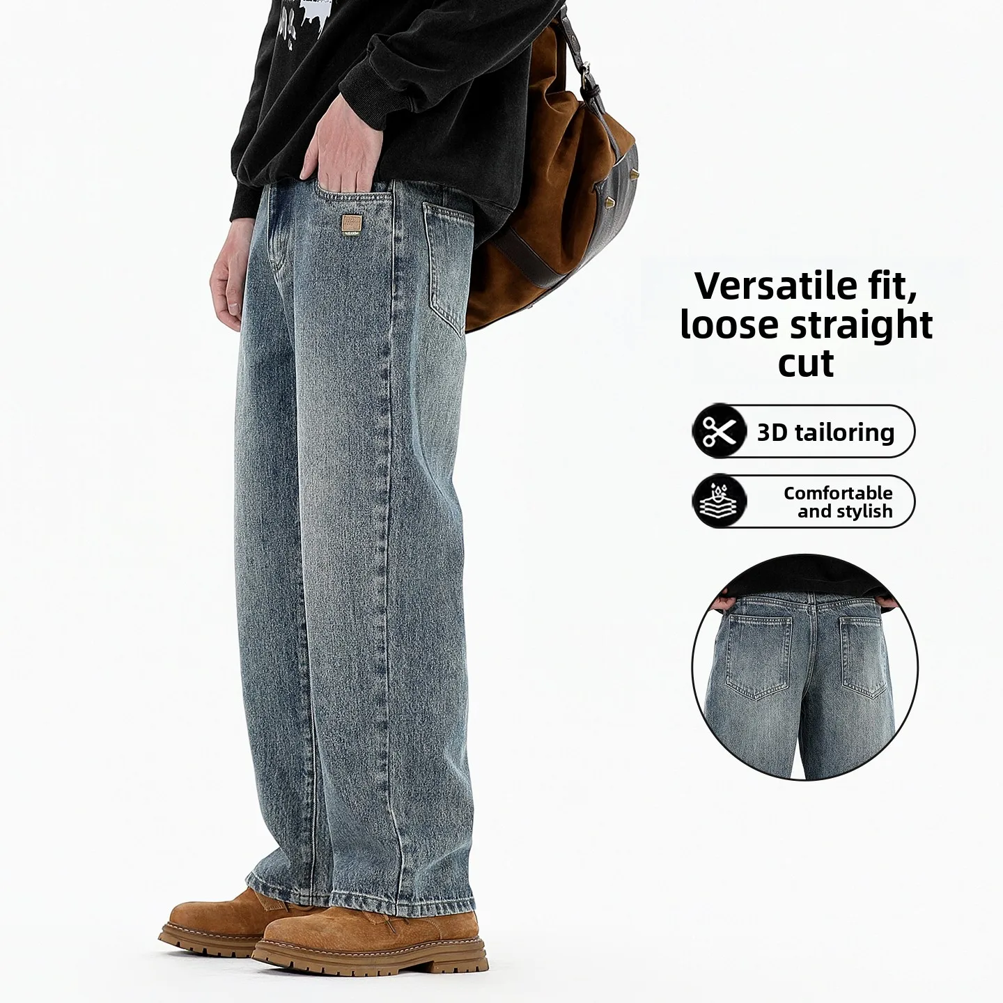 

Мужские джинсы с высокой талией, винтажные, свободного кроя, прямые, модные, брендовые, осенне-весенние, джинсовые брюки из Гуанчжоу, Синтан, Гонконг