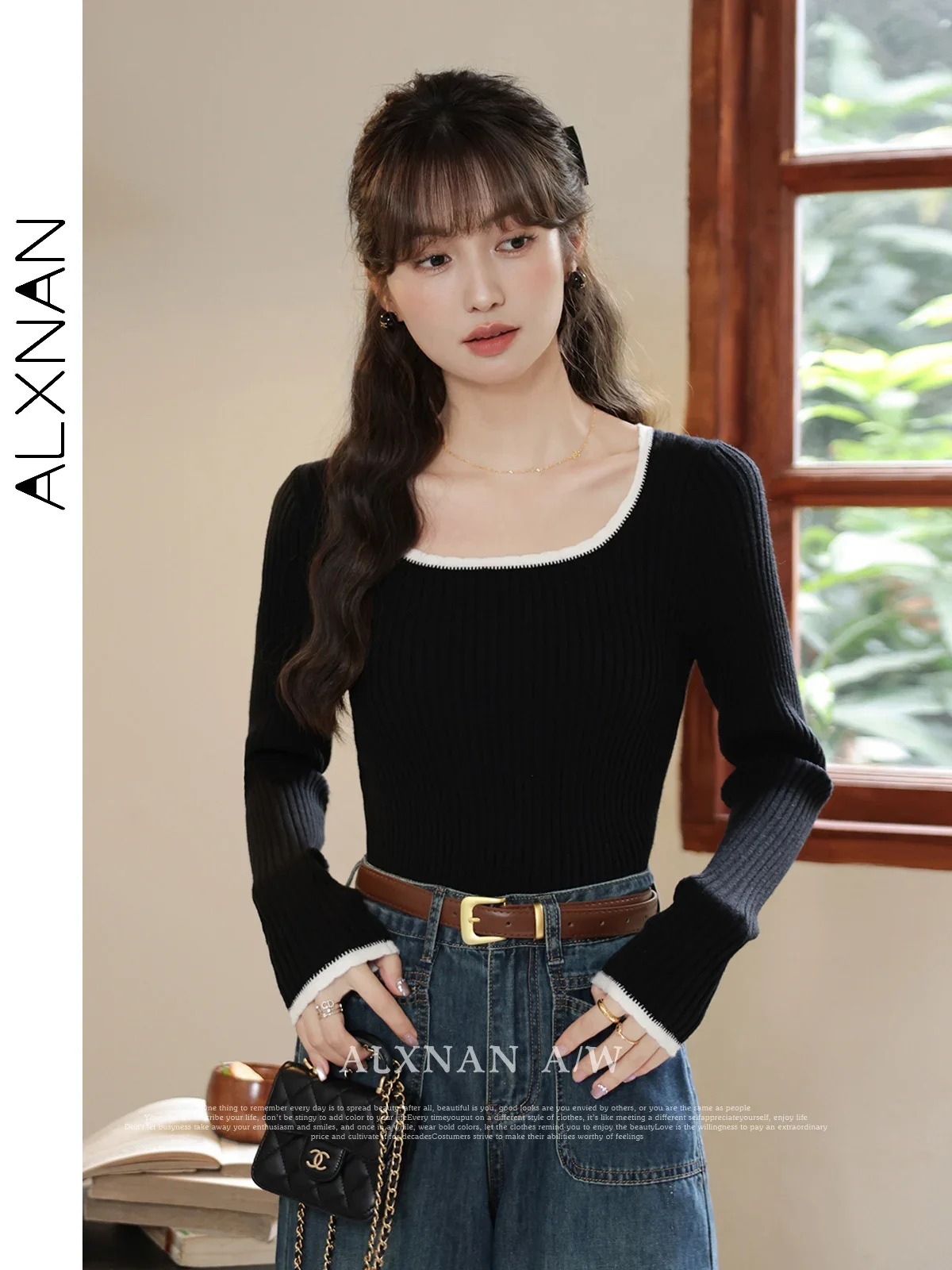 سترة نسائية سوداء من ALXNAN بلوفرات محبوكة أنيقة بياقة مربعة وأكمام طويلة ملابس تريكو نسائية LXN320107 #3