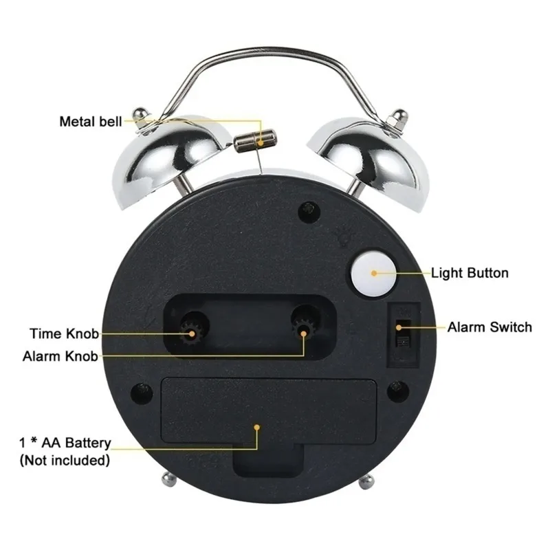 

Retro Silent Quartz Alarm Clock 4-Inch Display Dual Ring Large Bell Backlight Feature for Deep Sleepers