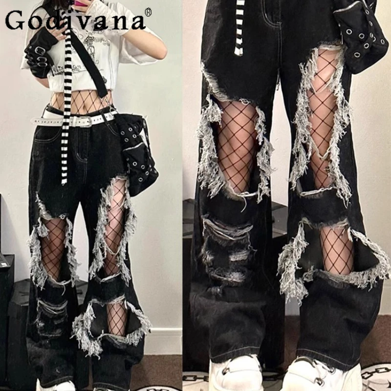 Large Size Retro Summer Subculture American Black Loose Ripped Jeans Girl High Waist Y2k Personalized Versatile Leisure Trousers