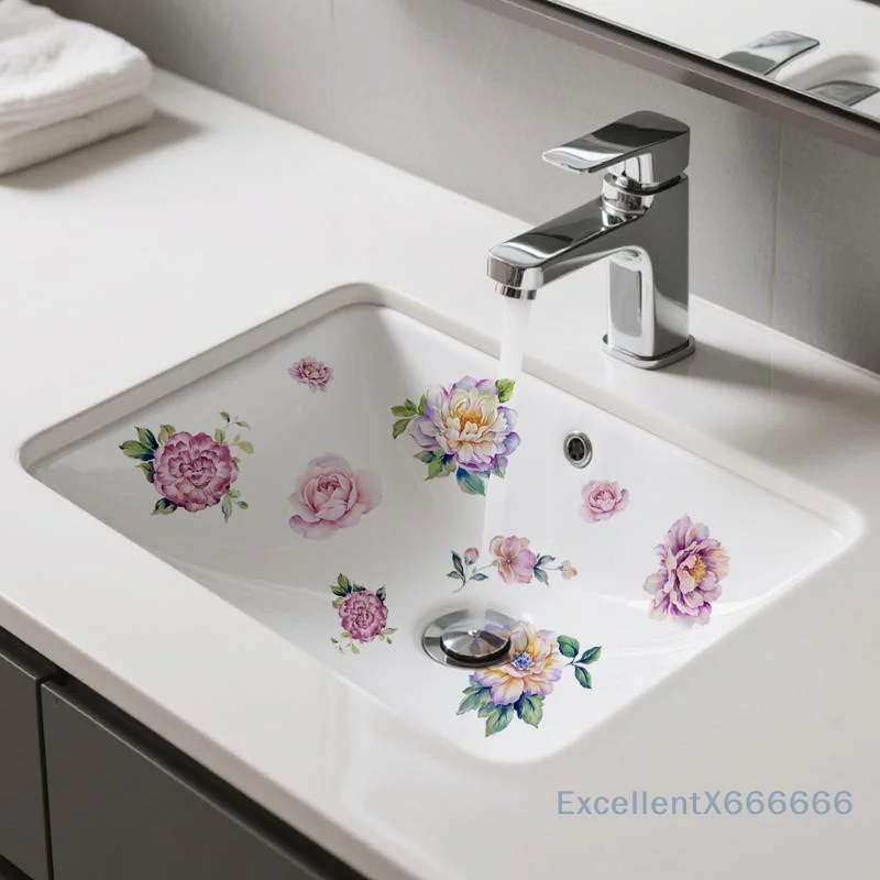 1PCS Colorful Flower Bathroom Wall Sticker, Universal Pastoral Floral Decal For Sink And Bathtub