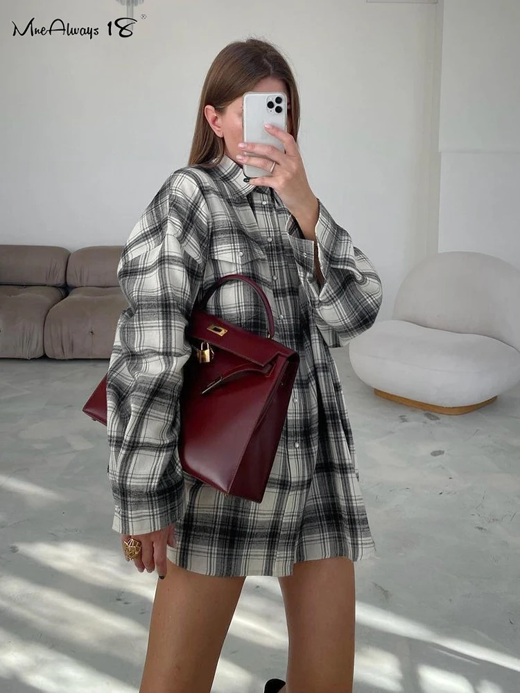 Mnealways18 Street Style Oversize Black And White Gingham Shirts Casual Long Sleeve Women Plaid Blouses Drop Shoulder Lady Tops