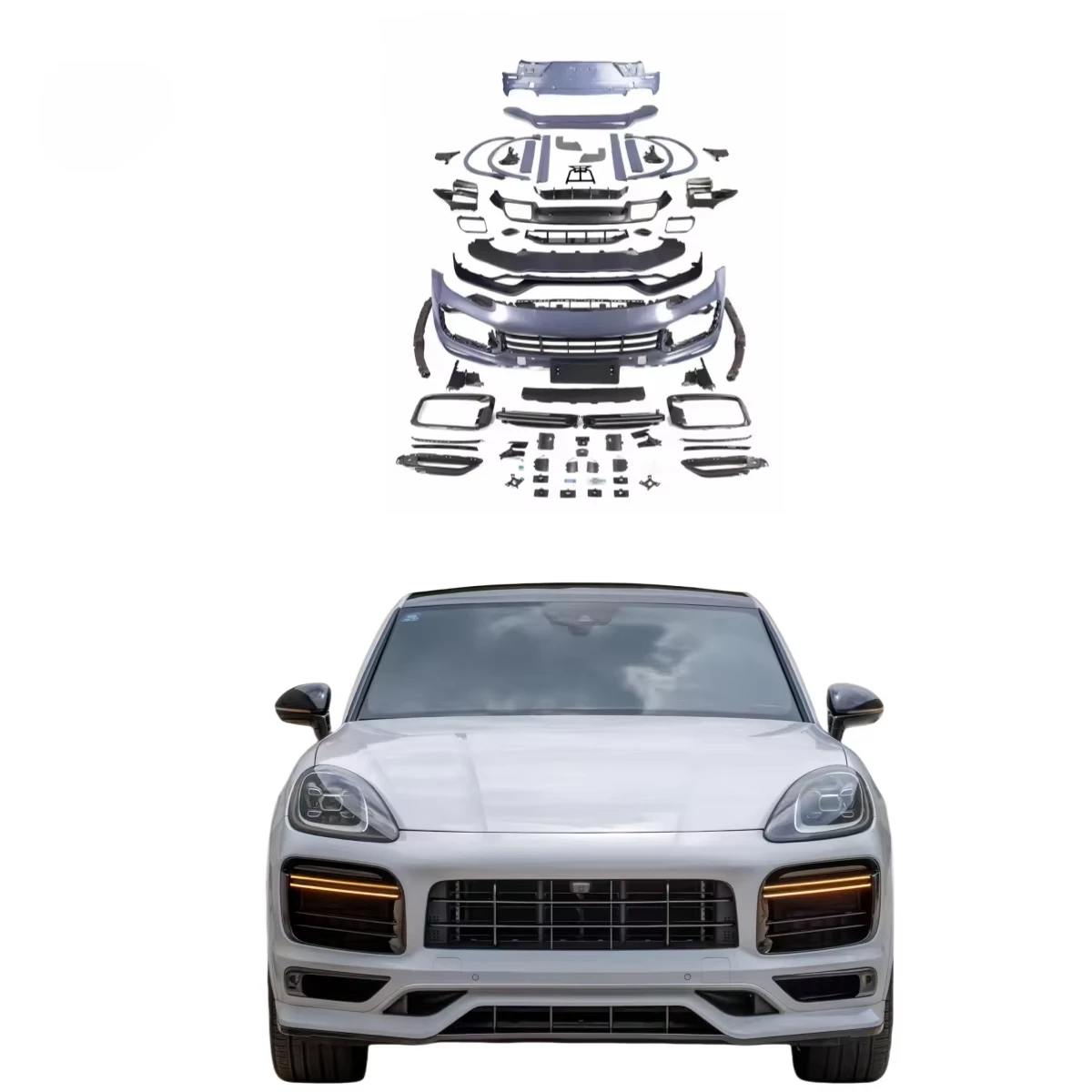 Updated Version For Porsche Cayenne 9Y0 Turbo Bodykit With Front Rear Bumper Plastic Material New Condition Includes Clips