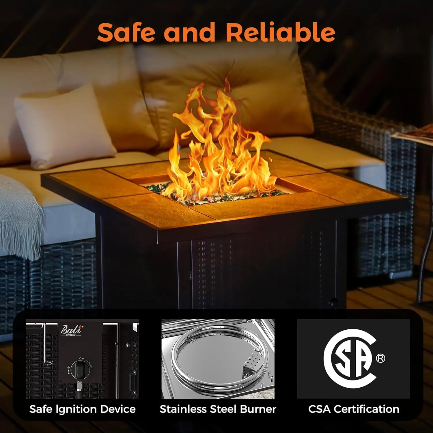 Outdoor Propane Gas Fire Pit Table - 50,000 BTU, 32-inch, Square, Brown, Ideal for Outside Use view 6