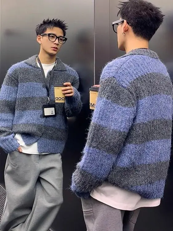 

Корейский мужской осенне-зимний кардиган в стиле ретро с полосками и цветовыми блоками, свободный крой, модный свитер-жакет