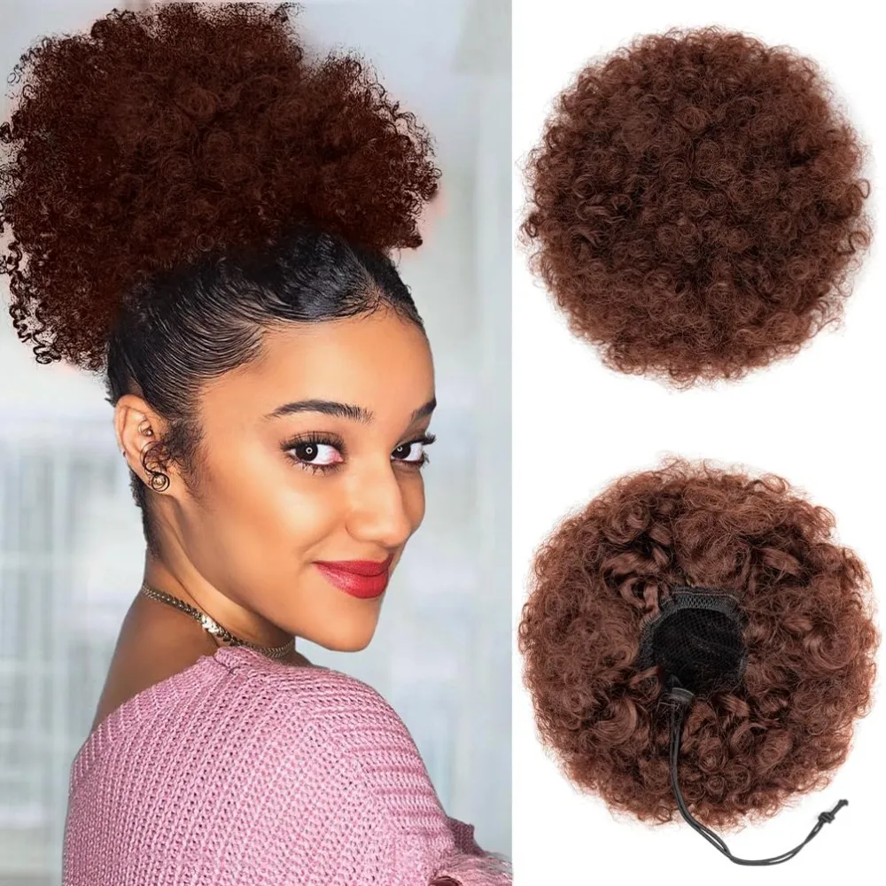 Afro Puff serut ekor kuda, pendek sintetis Kinky keriting Bun ekstensi rambut, berbulu tinggi potongan rambut Updo untuk hitam wanita