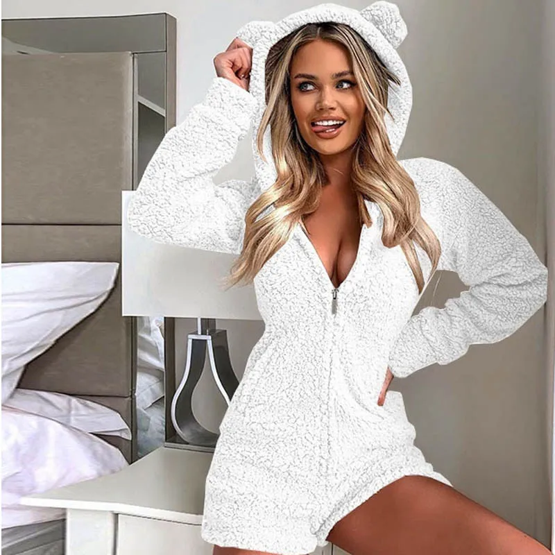 Women Jumpsuit Cute Fleece Romper Sexy Kawaii Bear Ears Hooded Fleece Loungewear One piece Shorts Long Sleeve Zipper Up playsuit