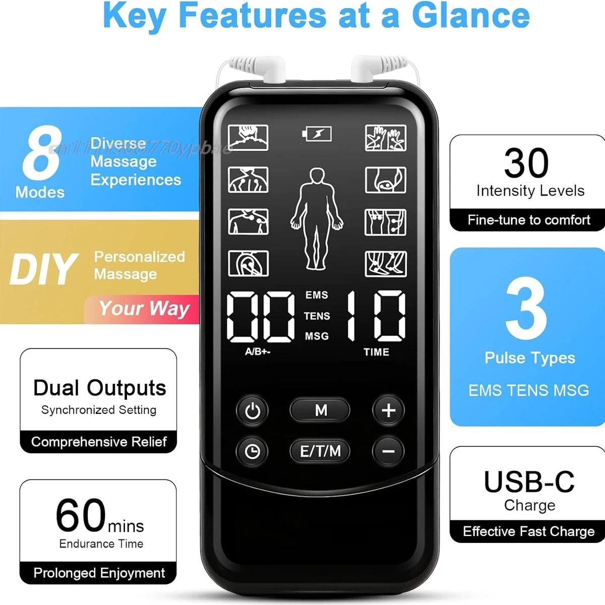 TENS EMS Massager Dual Channel Muscle Stimulator For Body Relaxation 8 Modes 30 Levels Portable USB Therapy Device