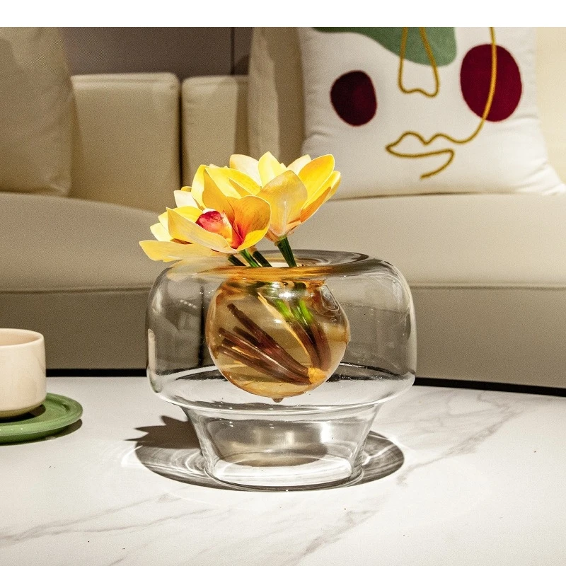 Glass Vase Double-layer Colored Yellow Flower Arrangement Flowerpot Flower Vase Pots Hydroponics Terrarium Home Decoration