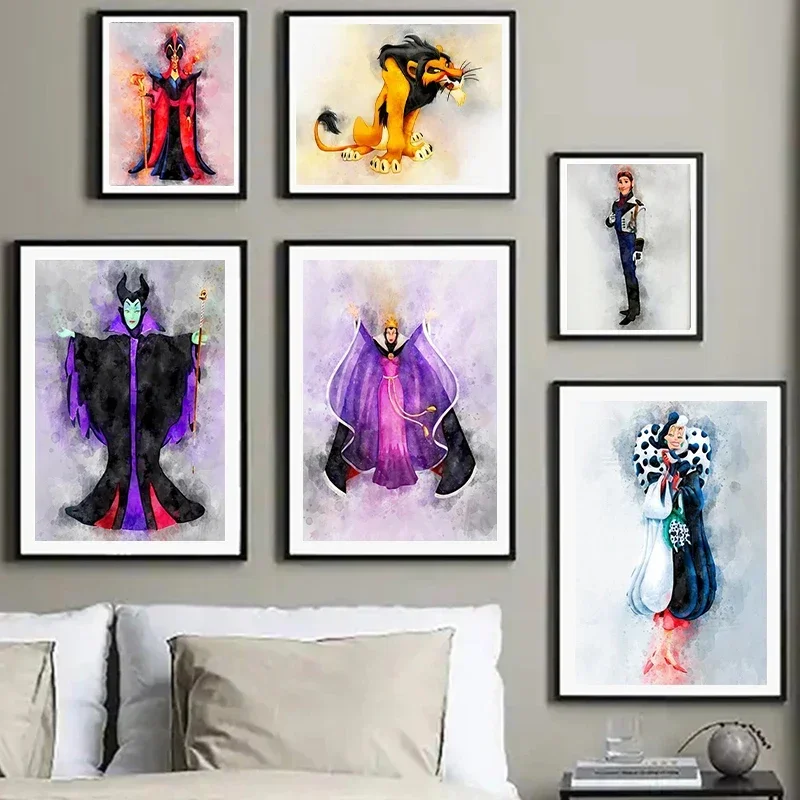 Disney Villains Watercolor Poster Prints For Kids Bedroom Maleficent The Evil Queen Ursula Cruella Canvas Painting Wall Art Gift