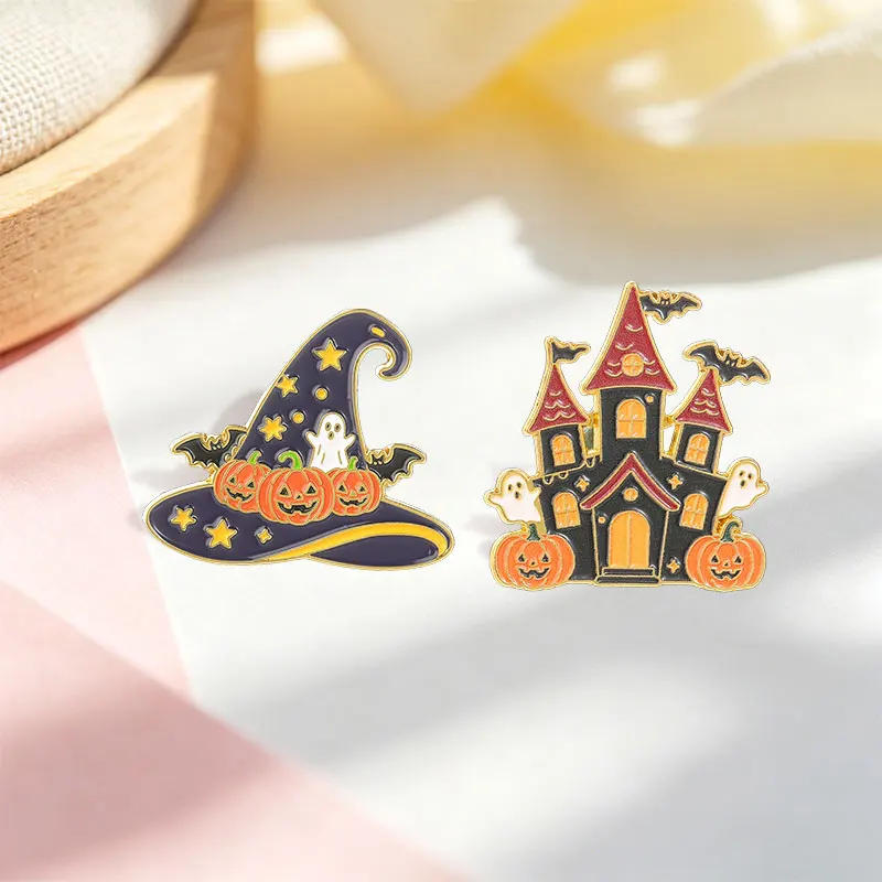 Halloween Witch Pumpkins Hat And Haunted House Enamel Pins Punk Spooky Ghosts Bats Brooch Backpack Lapel Badge Fun Jewelry Gifts