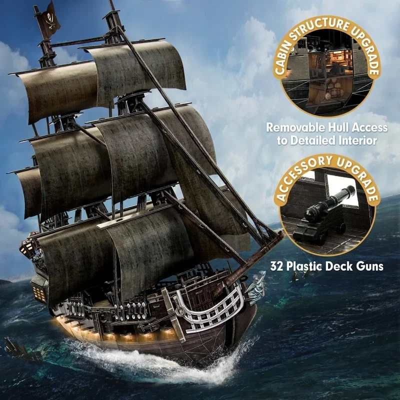 3D DIY Puzzles Large Black Pearl Pirate Ship Cardboard Anne\'s Sailboat Building Toys for Adults Kids