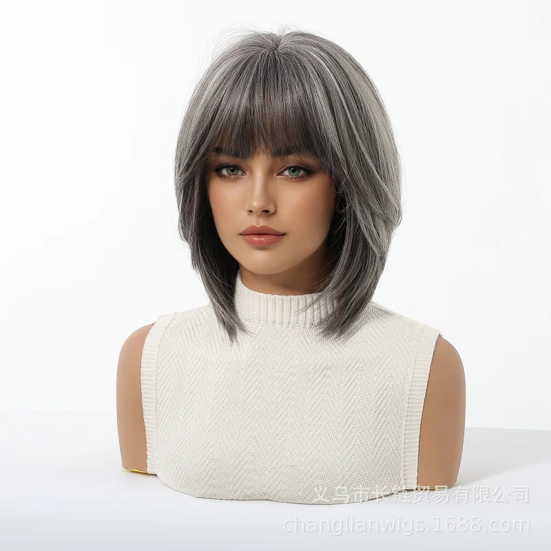 

Summer short bob wig with gray bangs, versatile natural full-head style, high-temperature synthetic fiber
