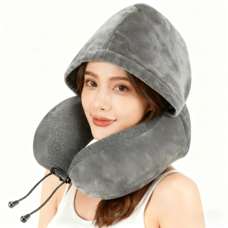 

1 шт. регулируемая U-образная подушка для шеи с капюшоном, для путешествий в автомобиле и на открытом воздухе, подушка для шеи для путешествий, автомобильные дорожные аксессуары