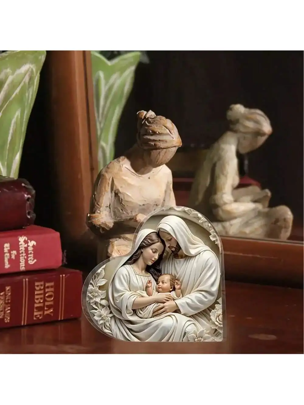 1 قطعة الاكريليك على شكل قلب يسوع الولادة الديكور تمثال صغير هدية دينية مقاوم للماء لغرفة المعيشة مكتب غرفة نوم منضدة