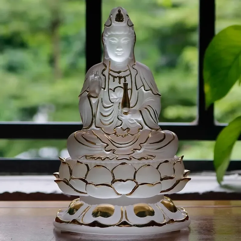 Chan Yue Glazed Guanyin Bodhisattva Statue Gilt Gold Foil Sitting on Lotus Holding Vase Home Decor Buddhist Altar Offering