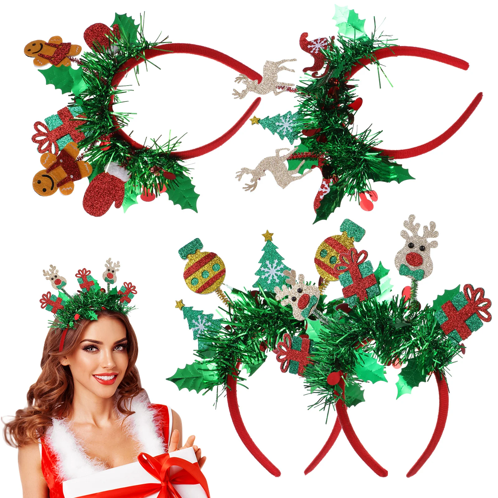 

4Pcs Christmas Headband for Women Kids Reindeer Antlers Gingerbread Man Holiday Party Accessories Lightweight Comfortable