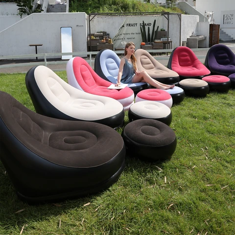 Sofá preguiçoso sofás cadeira inflável dobrável reclinável ao ar livre sofá cama footstool portátil dobrável cama de ar almoço lounge cadeira conjunto