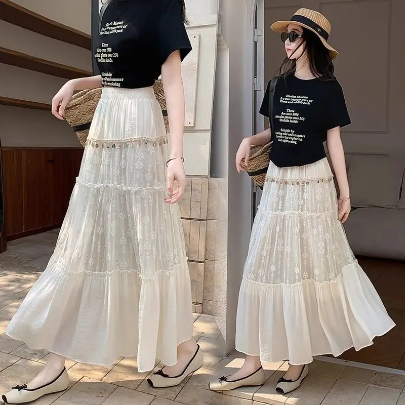 

Apricot Lace Bohemian Style Tiered Maxi Skirt