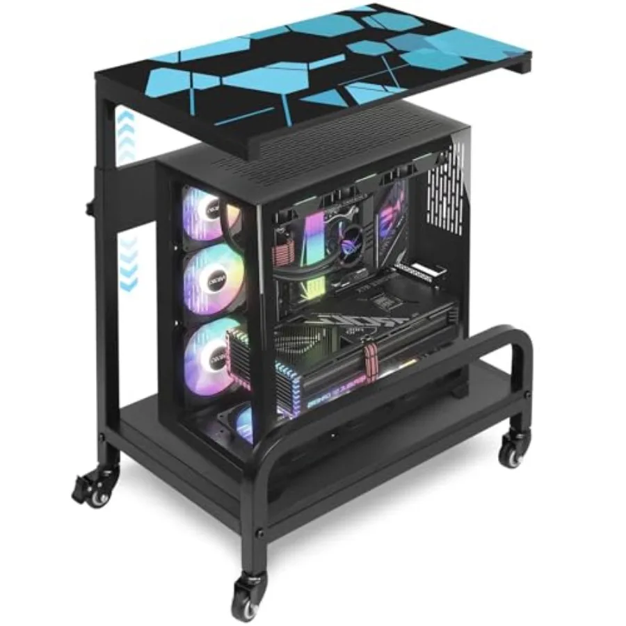 Gaming PC tower stand for ATX/E-ATX/ITX, adjustable 2-tier metal floor cart with guardrail, black, heavy-duty locking wheels, 3