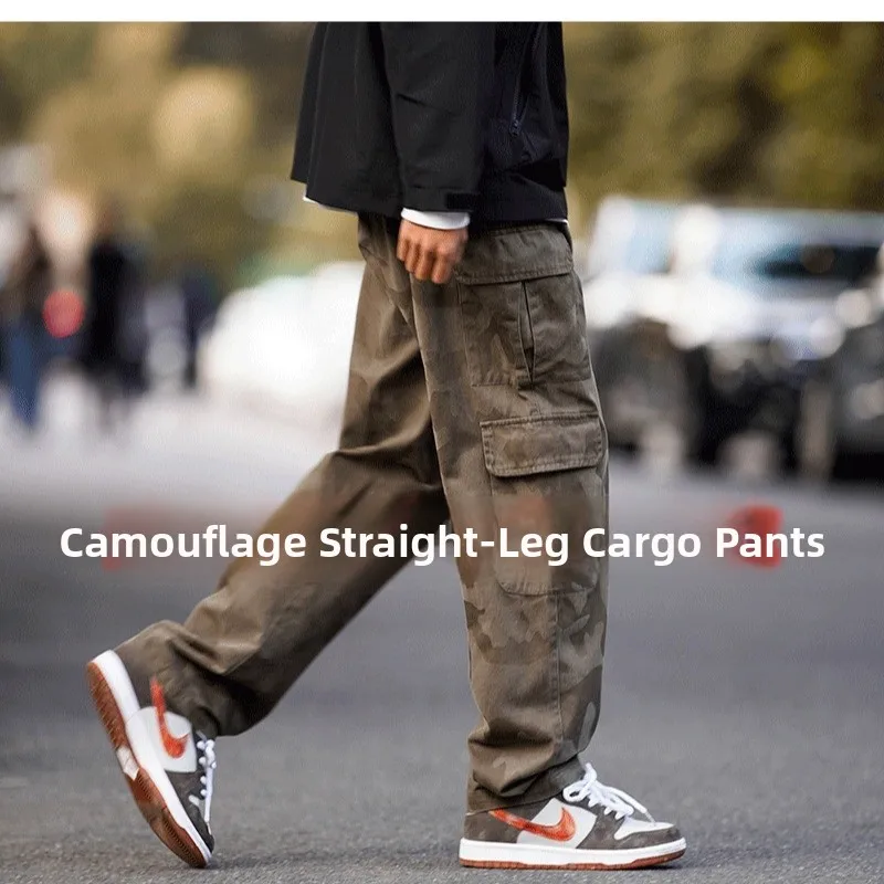 

Pure Cotton Camouflage Work Pants Men's Autumn Winter Loose Straight Leg Casual Trousers with Big kets Elastic Waist