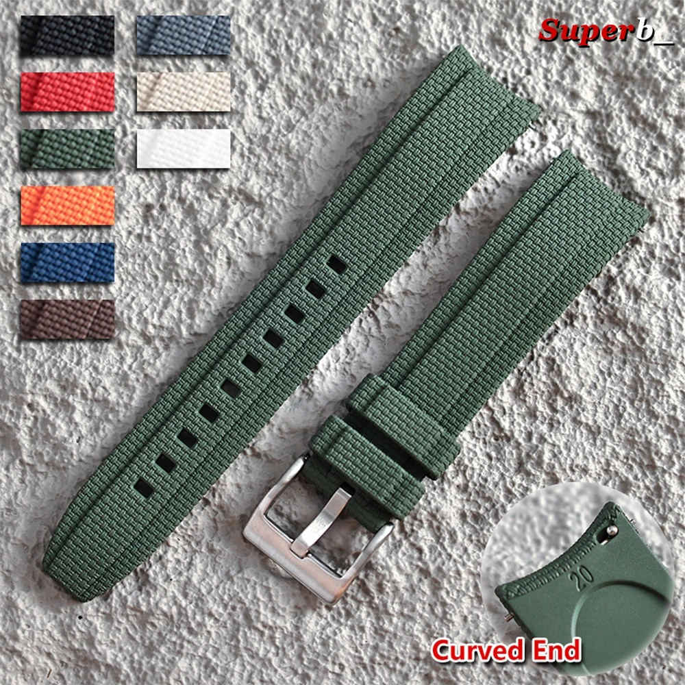 20/21/22mm FKM Rubber Watch Strap Arc End Quick Release Woven-pattern Rubber Watch Band for Seiko for Rolex Black Green Bracelet