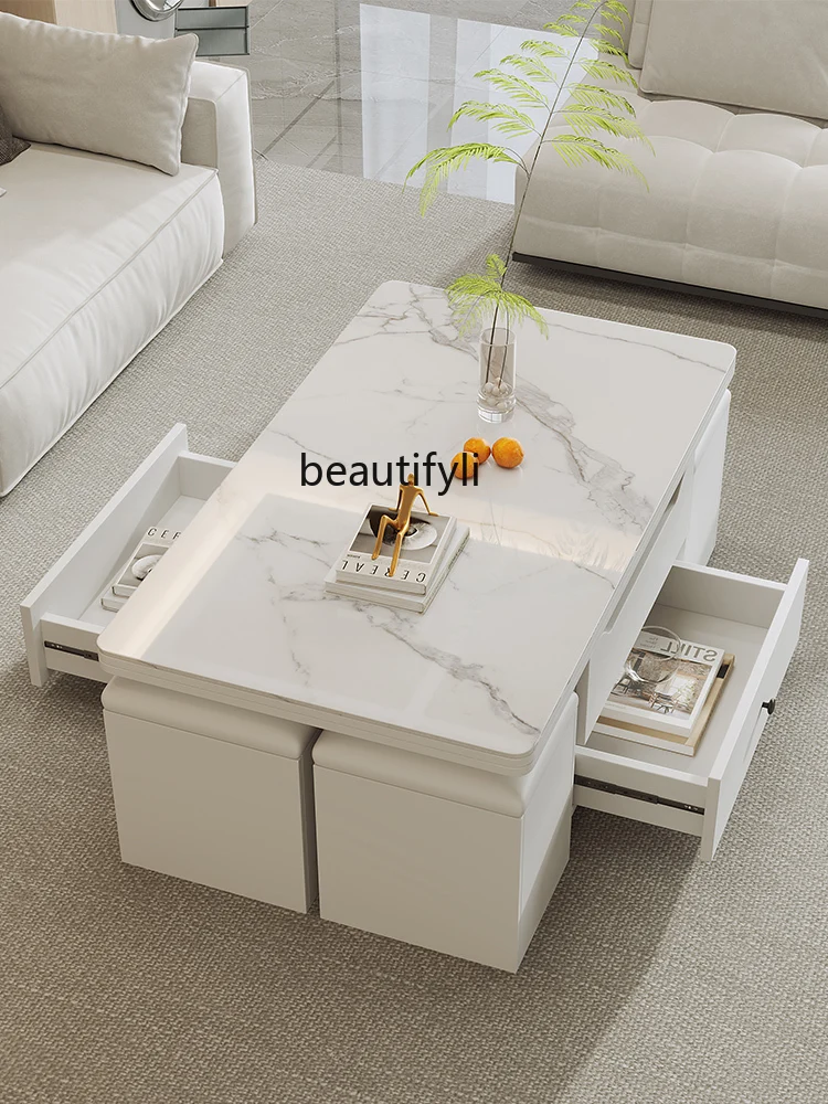 Multifunctional Stone Plate Lifting Coffee Table Dining Tables and Chairs Set Removable Folding Tea Table