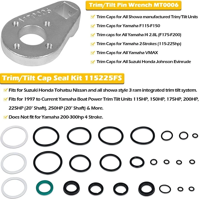 TML Outboard Trim/Tilt Pin Wrench MT0006-32mm X 4mm +MT0009-35mm X 6mm + Trim Tilt Seals Kit 115225FS for Yamaha Honda Evinrude