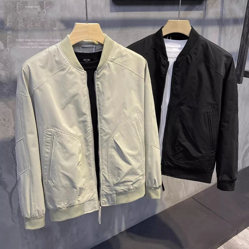 Simple Casual Solid Color Jacket Handsome Trendy Brand Men's Baseball Collar Rattle Sleeves Slim Jacket