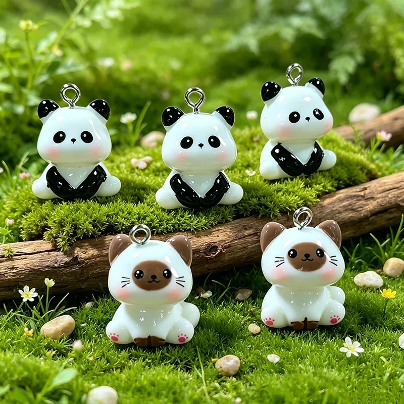 8Pcs Lucky Animal Resin Pendants 3D Panda Siamese Cat Cute Charms Handmade Craft Supplies for Keychain & Earring Jewelry