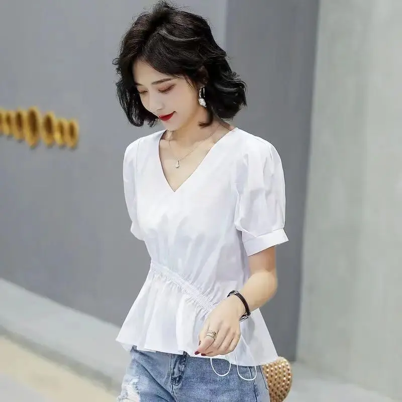 Casual Short Sleeve Elastic Waist Lace-up Shirt for Women\'s Summer Simple Elegant Age Reduction Commuting Trendy Versatile Top