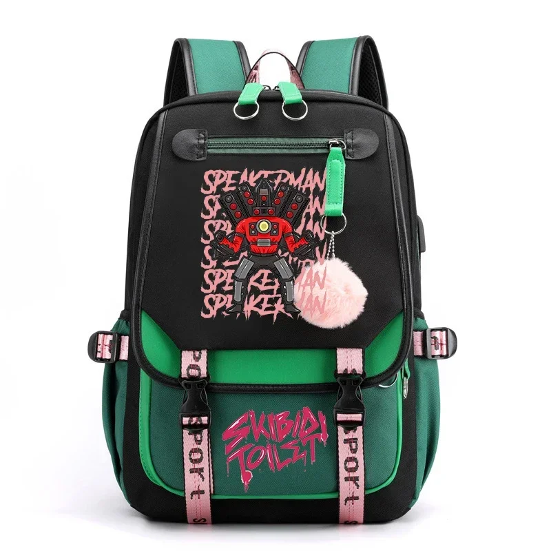 Impressão Anime Schoolbag para Meninas Adolescentes, Carregamento USB Mochila, Laptop Bag, Casual Estudante Bolsas de Escola, Moda Estacionária, skibidi