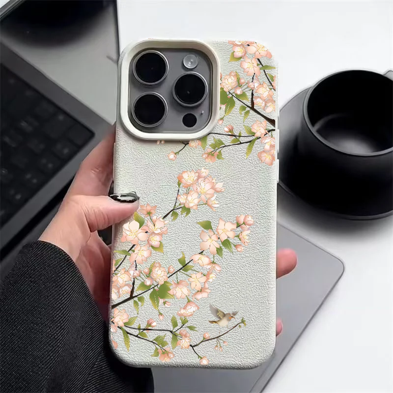 Cherry Blossoms Phone Case For iPhone 15 Pro 16 15 12 13 14 Pro Max 11 Shockproof Leather Texture Candy Color Soft TPU Cover