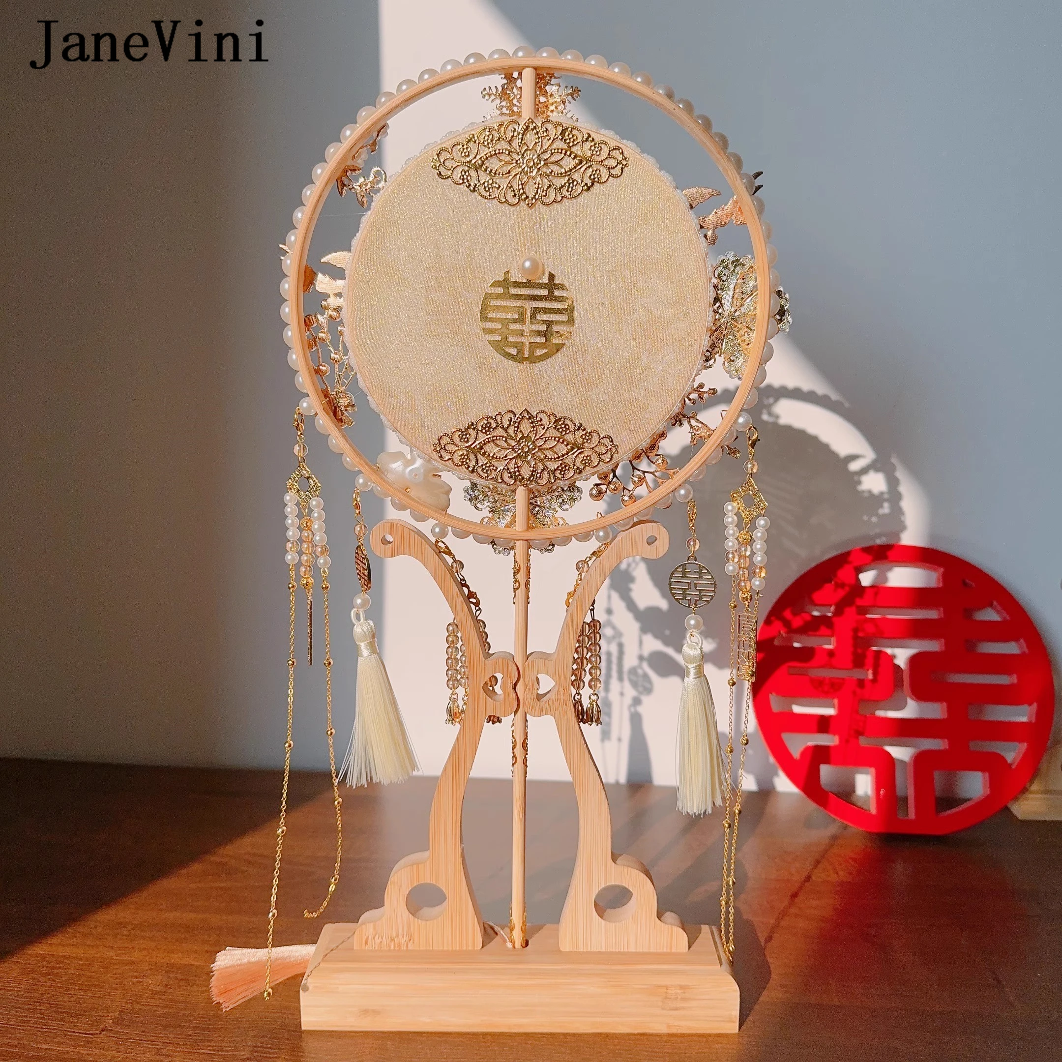 JaneVini Chinese Style Bride Bouquet Wedding Luxury Rhinestone Pearls Bridal Fan Traditional Wedding Hand Fan Fleur Pour Mariage