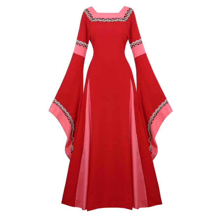 Vrouwen Middeleeuwse Renaissance Trompet Mouw Retro Vloerlengte Jurk Kanten Afwerking Ierse Over Lange Jurk Halloween Kostuum Plus Size - afbeelding 1