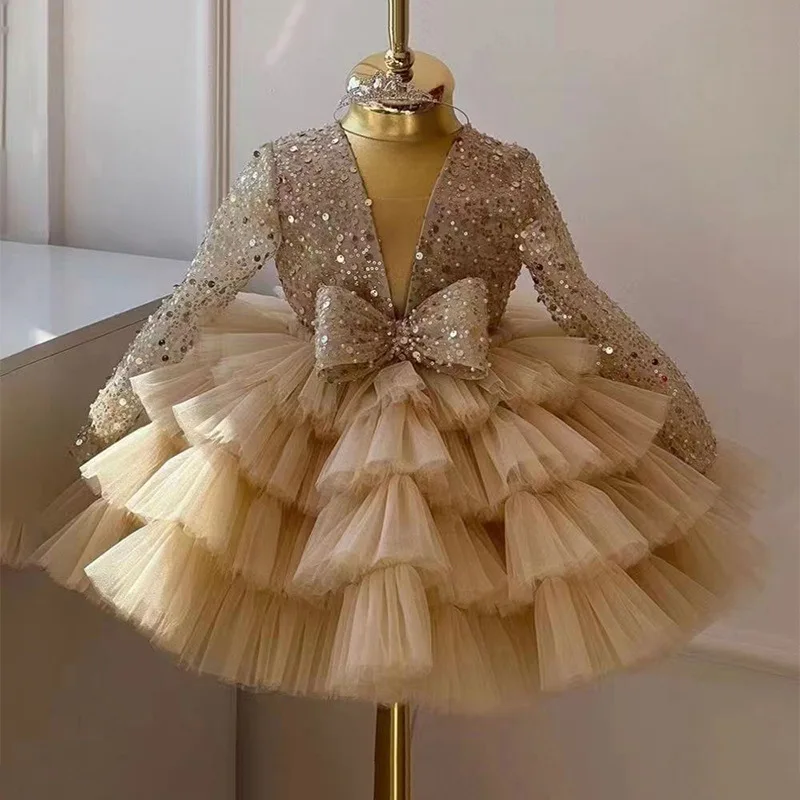 flower girls dress Stylish Kids Princess Dress - Bow Tulle Tutu Birthday Prom Puffy Ball Gowns with Bowknot