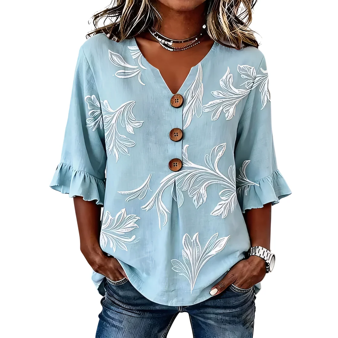Loose Flattering Women's Blouse Notch V Neck 3/4 Ruffle Sleeve Button Front Leaf Print Casual Top for Work Vacation Daily Wear