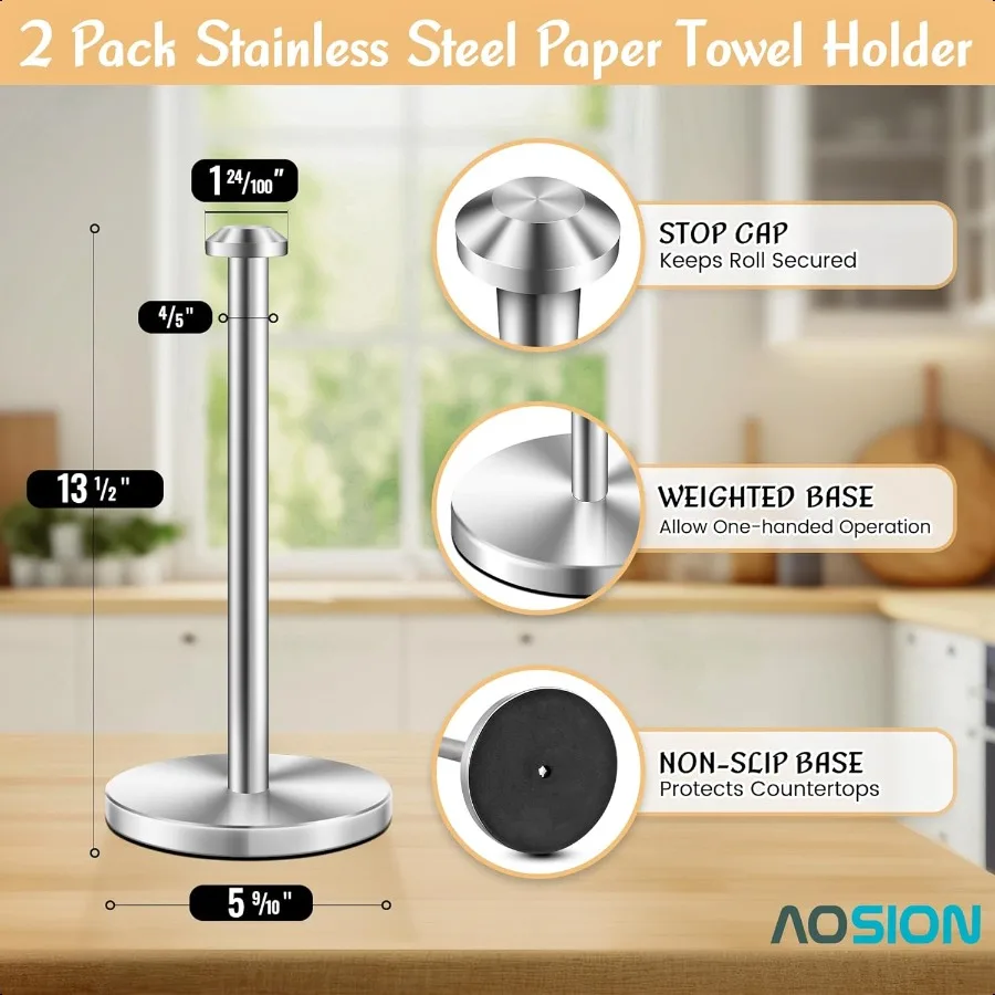 2 Piece Stainl Steel Weighted Paper Towel Holder Countertop Sier Vertical Kitchen Bathroom Paper Towel Holder with NonSlip Base