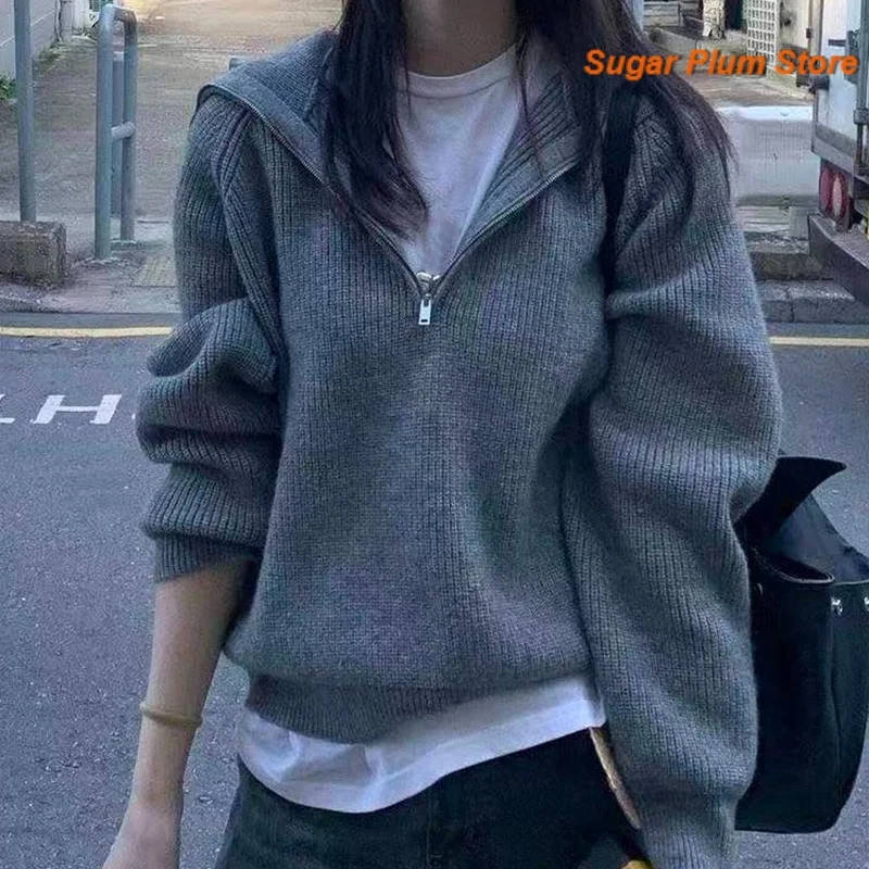 Korean Retro Semi-zipper Lapel Sweater Women Loose and Slim in Spring, Autumn and Winter, Lazy College Style Casual Sweater Tide