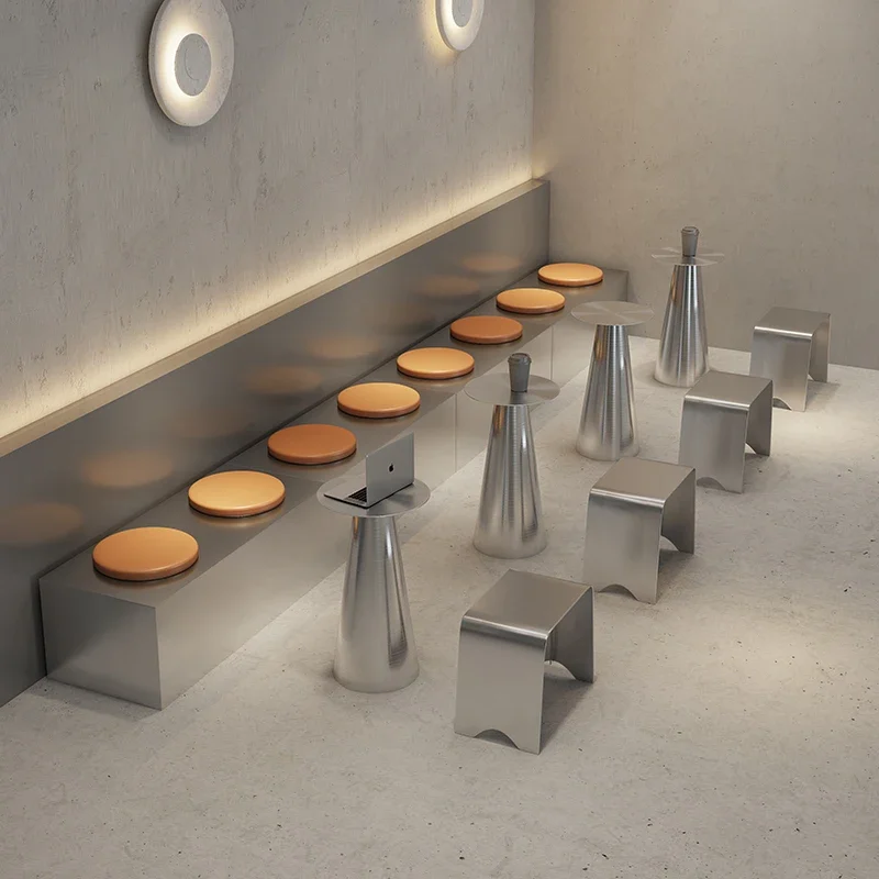 Industrial style cafe, stainless steel booth sofa Internet celebrity milk tea shop, dessert buyer shop, wall table