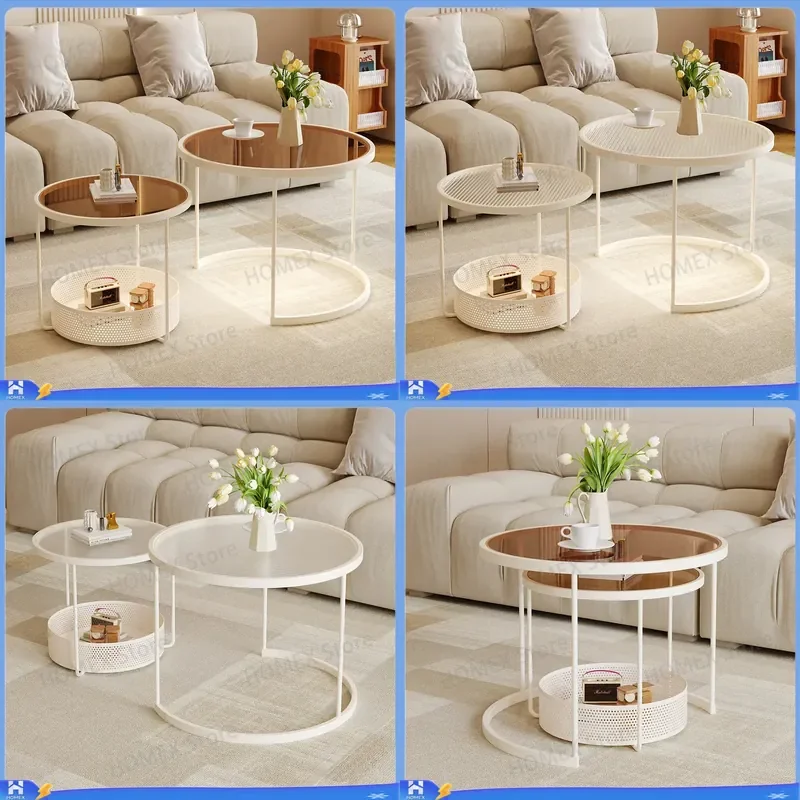 Cream-colored frosted glass coffee table for small-living-space living room, suitable for home use, featuring a simple