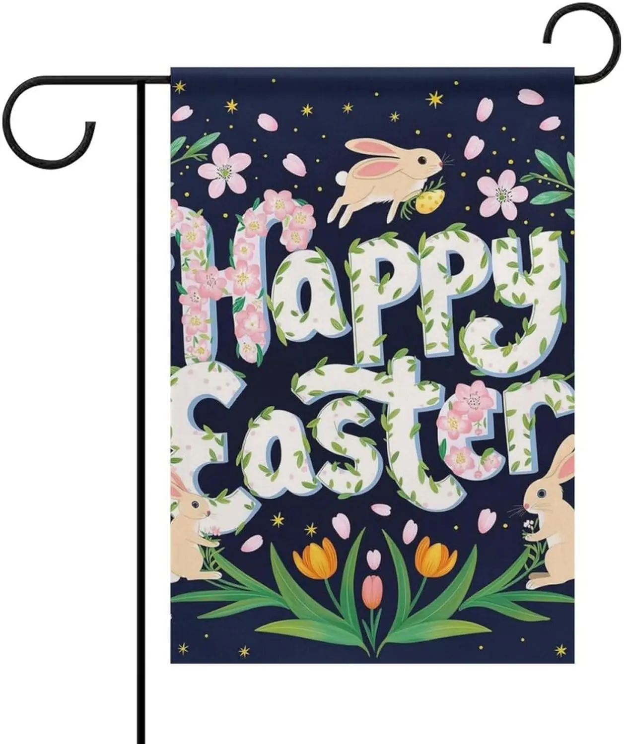Vivid Colors 12x18 inch Garden Flag - Happy Easter Floral Card With White Rabbits Easy to Install Boat Flag for Outdoor Pati KZA