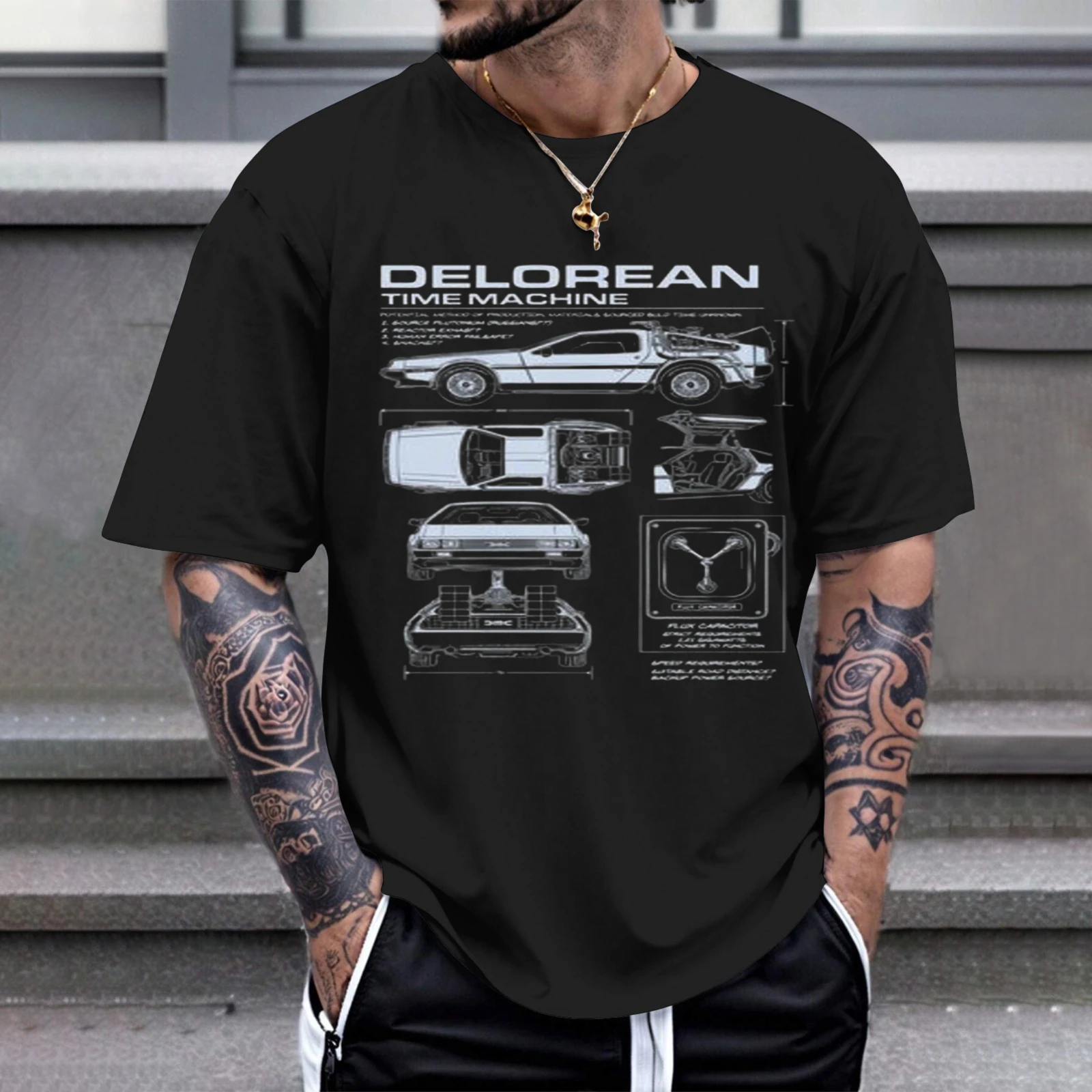 Herren-T-Shirt mit Delorean Time Machine Blueprint-Design für Kleidung und Karnevalsoveralls